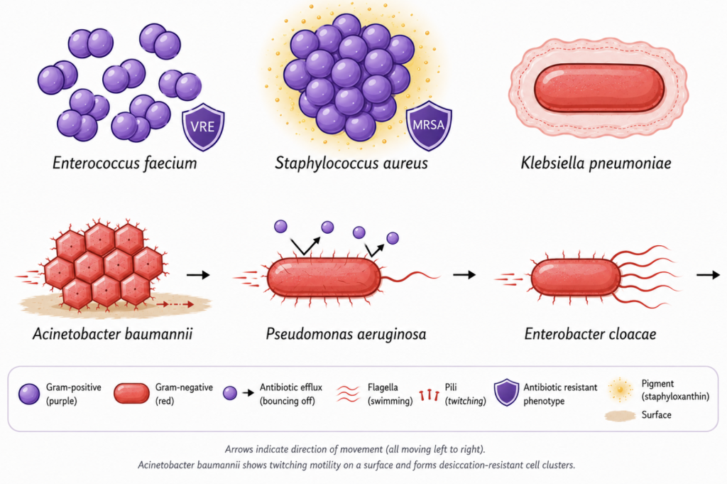 Illustration of the differences between the ESKAPE Pathogens